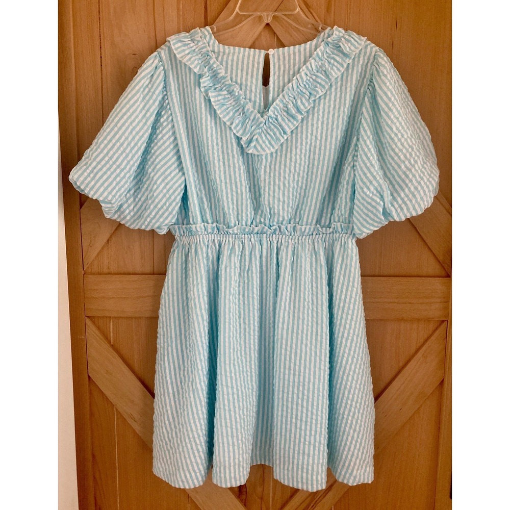 NWT Merci Aqua White Large Smock Ruffle Puff Sleeve Seersucker Dress Coastal - Picture 2 of 8